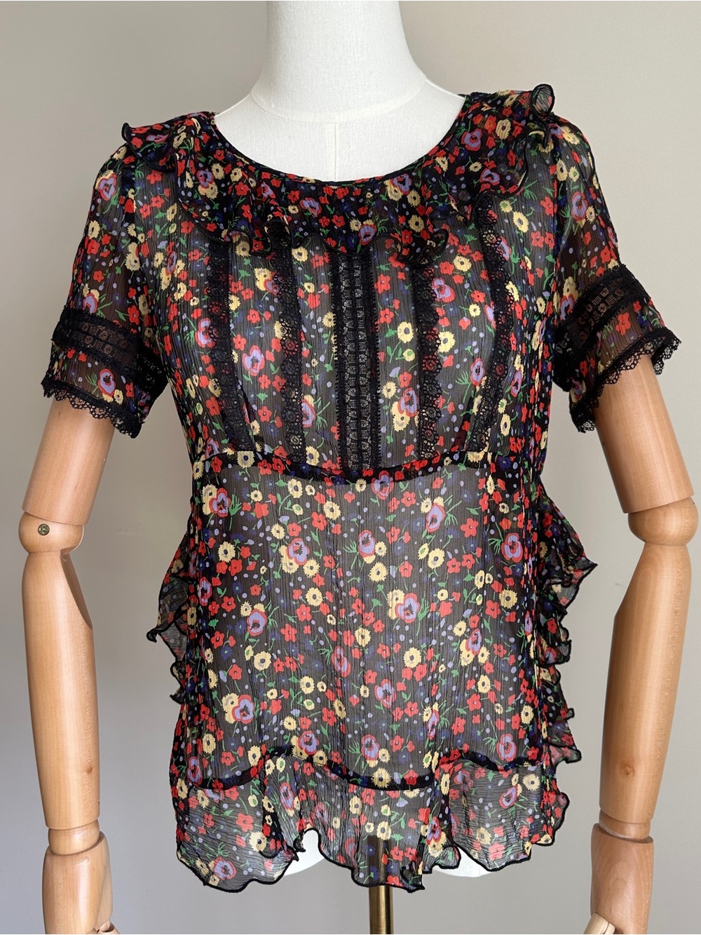 Anna Sui Silk Ditsy Floral Lace Ruffle Blouse 4 Black Sheer Whimsigoth Y2K Fairy